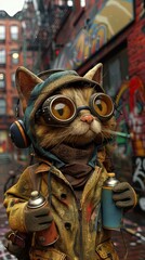 A cat wearing a hat and goggles is holding a spray can