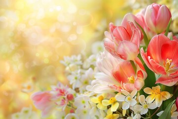 Beautiful bouquet of tulips and daffodils on bokeh background. Genererative AI