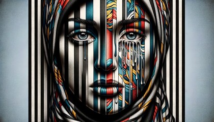 A woman's face is painted with stripes and colors