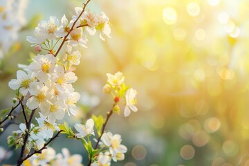 Blossoming branch cherry in spring sunny day. Nature background. Genererative AI