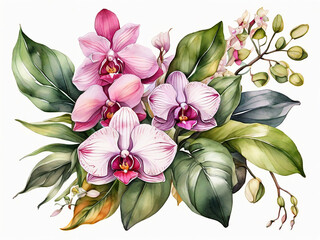 watercolor floral illustration exotic nature tropical flowers bouquet orchid green leaves isolated on white background