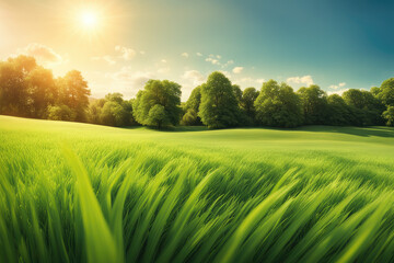 Green Field Landscape with some Trees and Blue Sky on Bright Sun Light