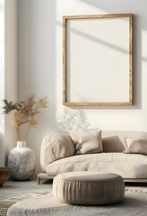 A mockup of a large wood picture frame on a wall in a living room, with white walls and one framed blank and empty canvas mockup hanging above a modern round beige sofa