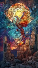 Obraz premium A colorful stained glass image of a bird with a red and gold wing