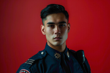 The most handsome young police officer stands confidently agnst a solid red background. He exudes...