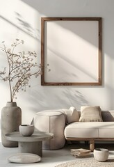 A 3d mockup design of a large wood picture frame on a wall in a living room, with white walls and one framed blank and empty canvas mockup hanging above a modern round beige sofa