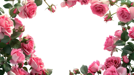 Frame of luxurious pink roses in full bloom, with soft petals and green leaves, cut out