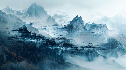A painting depicting a mountain range obscured by fog - Powered by Adobe