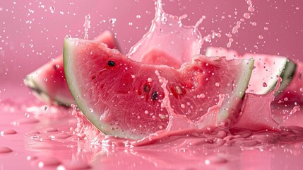 Fototapeta premium Juicy ripe watermelon, splash of juice, isolated on pink background