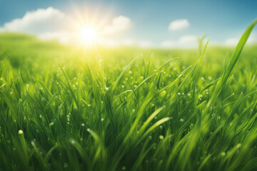 Green Grass with Shining Dews Water Drops  Closeup 