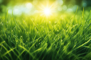 Green Grass with Shining Dews Water Drops  Closeup 