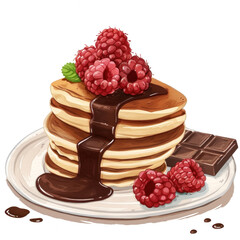 Pancakes with raspberries and chocolate, illustration, painting, transparent or isolated on white background