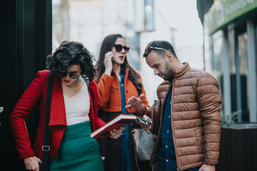 Group of young business professionals engaged in a strategic meeting outdoors in the city for enhancing profitability and considering expansion plans.