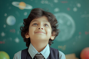 cute indian school boy standing on green chalk board background.