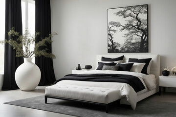 Stylish Modern Bedroom with Black Curtains, White Bedding, and a Large White Floor Vase