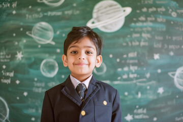 cute indian school boy standing on green chalk board background.