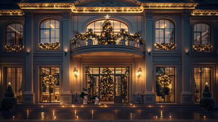 A luxury house during the festive season, with elegant decorations, twinkling lights adorning the fa? section ade, and a majestic Christmas tree visible through the large front windows,  - Powered by Adobe