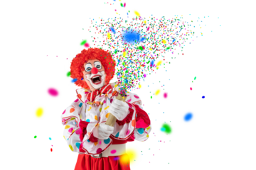 Funny clown pulling carnival cracker. Entertainer Joker in colorful suit and wig.Trickster, jester, pantomime, mime whiteface makeup. Professional actor at event, kids party, circus