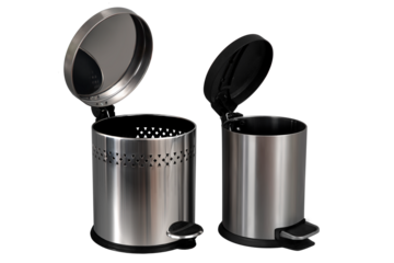 Trashcan with Hinged Lid. Bucket stainless, steel trash can or garbage can for kitchen or office. Touch-free pedal rubbish waste bin