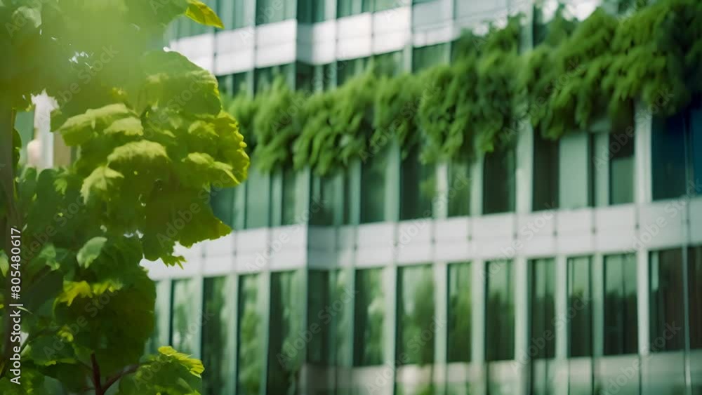 Poster towering building covered in windows and plants generative ai