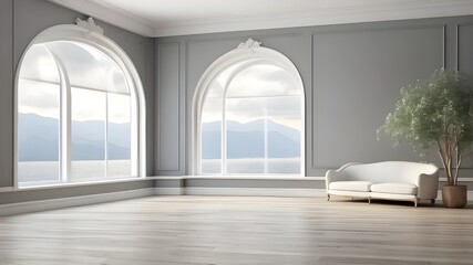 Traditional interior vacant room 3D render,The rooms include gray walls and wooden floors, adorned with white molding. White windows provide a glimpse of the surrounding scenery.
