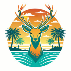 T-shirt design shape of Golden transparent [deer] emerging out of A white background with palm trees and water, BIG GOLDEN sunRISE, reflections colored background
