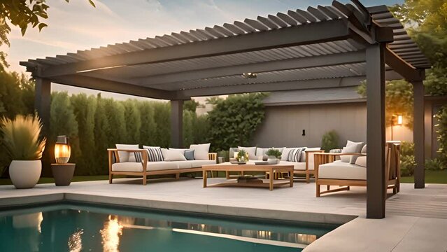 Outdoor Patio With Couch and Table Next to Pool Generative AI