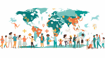Illustrated global map with diverse people representing international cultures and connections - obrazy, fototapety, plakaty