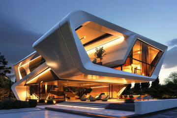 A luxurious house with an avant-garde design, captured in the evening. The house's dynamic angles and surfaces are accentuated by interior lighting, 