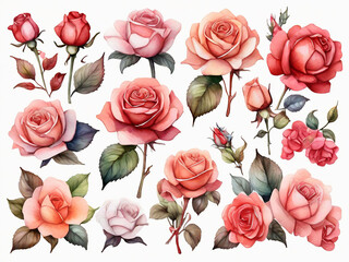 watercolor illustration rose assorted flower collection floral design elements isolated on white background