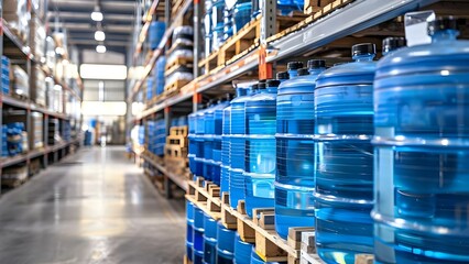 Dispatch of blue drums containing liquid chemicals on wooden pallets in warehouse. Concept Chemical Handling, Drum Dispatch, Warehouse Operations, Pallet Distribution, Liquid Storage