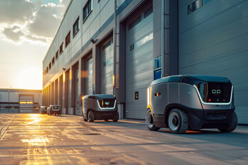 Autonomous delivery robots stand near the warehouse waiting for order, futuristic smart technology concept - Powered by Adobe