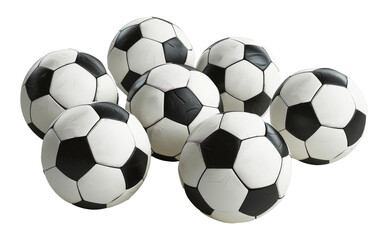 Many classic black and white leather soccer balls isolated on transparent background
