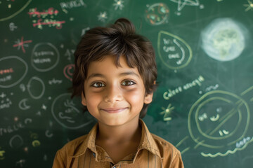cute indian school girl standing on green chalk board background.