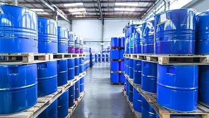 Dispatch of blue drums with liquid chemicals on wooden pallets in warehouse. Concept Warehouse Inventory, Chemical Drums, Wooden Pallets, Dispatch Process, Liquid Chemicals