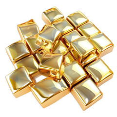 Na obrazie widzimy stos złotych metalowych kwadratów, ułożonych jeden na drugim. Kwadraty mają złote barwy i wyglądają na solidnie wykonane