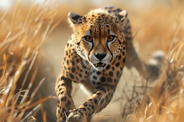 Capture a CG 3D robotic cheetah mid-sprint from a birds eye view, chasing prey across a sunlit savannah Simulate fur texture and dynamic movement with photorealistic precision