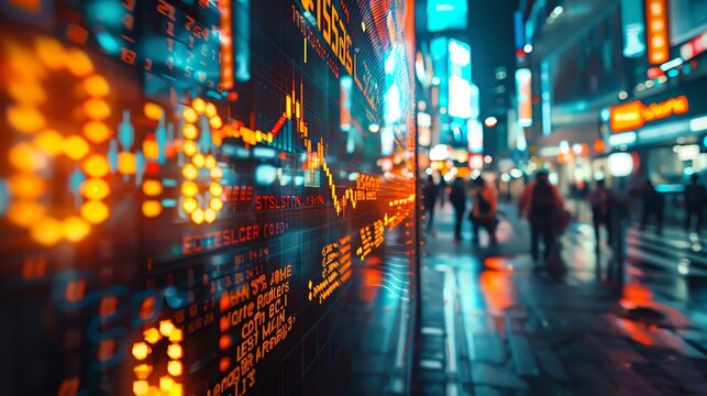 Design a visually striking fusion of eye-level angles capturing a contemporary novel set within the bustling stock market, intertwined with glowing augmented reality elements illustrating real-time ma