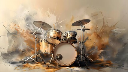 Drum Set with Paint Splatters and Extra Drums. Concept Musical Instruments, Customized Drum Set, Artistic Paint Design, Drumming Techniques, Music Performance