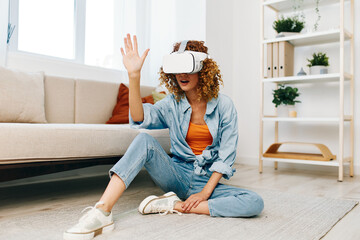 Virtual Reality: A Woman's Joyful Experience in a Modern Living Room with Futuristic VR Goggles
