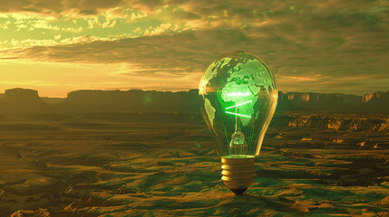 A light bulb, with a world map in green hues, lights up a backdrop of a vast desert, slowly transforming into a blooming oasis powered by renewable energy, 