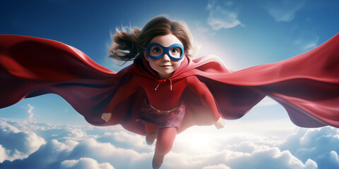 Une petite fille habillée en super-héroïne, volant dans le ciel avec une cape rouge et des lunettes.