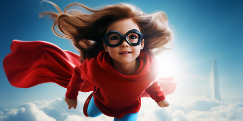 Une petite fille habillée en super-héroïne, portant une cape, un costume rouge et des lunettes, volant dans un ciel bleu avec des nuages.