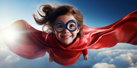Une petite fille habillée en super-héros, portant une cape rouge et des lunettes, volant dans un ciel bleu avec des nuages.