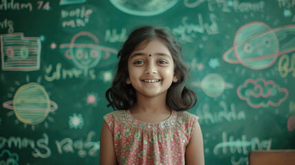 cute indian school girl standing on green chalk board background.