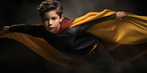 Un jeune garçon habillé en Super-héros volant dans les airs, avec une cape jaune, orange et un costume gris foncé.