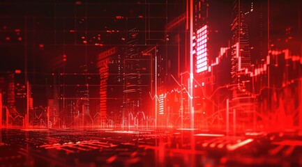 Un paysage urbain flou de gratte-ciel sur un fond rouge de graphiques boursiers avec des éléments numériques futuristes.