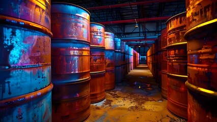 Metal drums of crude oil and hazardous waste in dark chemical storage. Concept Chemical Storage, Metal Drums, Crude Oil, Hazardous Waste, Dark Environment