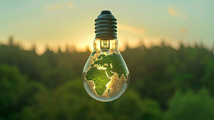A light bulb suspended in mid-air, with a detailed map of the world in varying shades of green on its surface, 