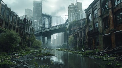 Visualize a frontal view of a cityscape fused with futuristic technologies, showcasing sleek skyscrapers and neon lights Incorporate dystopian elements such as abandoned factories and overgrown nature